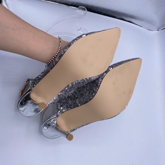 FSJ Silver Slingback pointed Kitten Heel Sandals - Picture 7 of 9